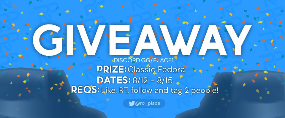 🤑Classic Fedora Giveaway! - Ends 8/15/2022! ⚡️To enter: 🔄 Retweet this! ✅ Like this! 🎁 Follow us, and tag 2 friends! 💰 Visit the #1 ROBLOX Marketplace - ro.place Check out our Discord for other events and more giveaways! discord.gg/place1