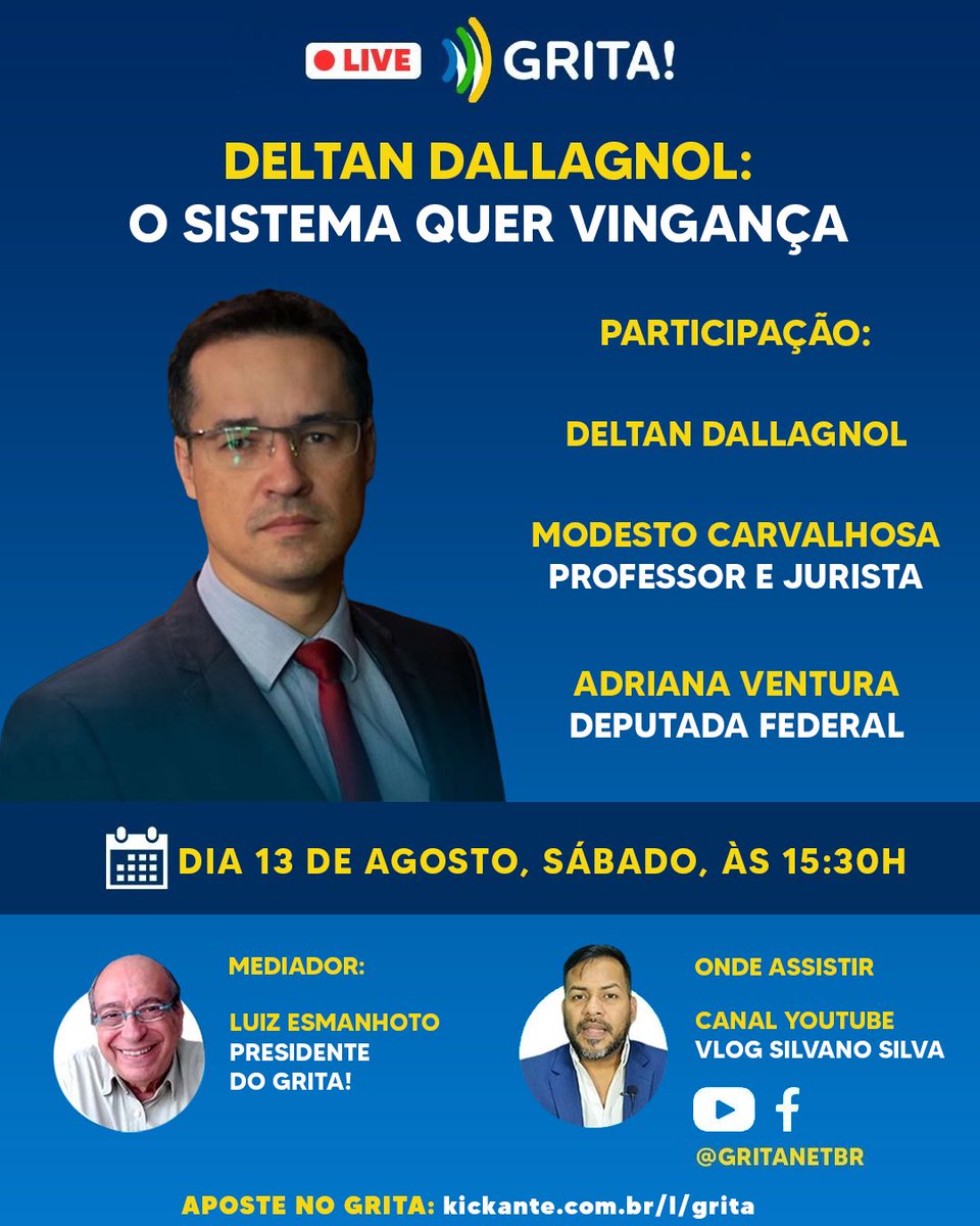 GritaNetBr's tweet photo. LIVE DE APOIO A DELTAN DALLAGNOL 
Nesse sábado, às 15:30h, participe da live GRITA! com @deltanmd, dr. @CarvalhosaMo e @adriventurasp. Coloque suas perguntas nos comentários e convide seus amigos. Compartilhe sem dó! 🆙🆙🆙 https://t.co/x57jd77mDO
