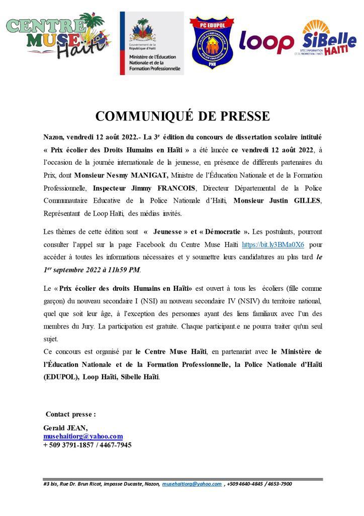 HaitiMuse's tweet photo. Le CEMUH et ses partenaires portent à la connaissance du public, surtout des élèves de la NSI à la NSIV, du lancement de la 3e édition du concours national de dissertation.
#menfphaiti1804 (MENFP), #policecommunautairehaiti (EDUPOL/PNH)
#loophaiti
#bictizondife1
#sibellehaiti https://t.co/EjewQW1f6Z