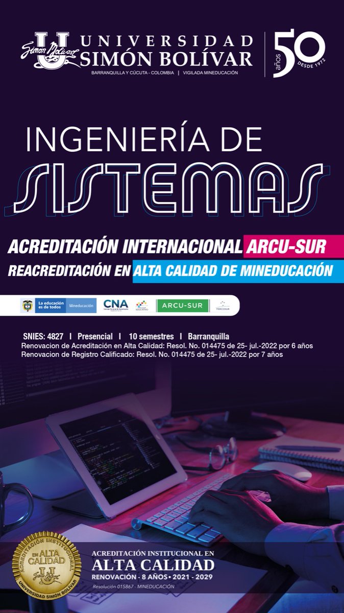 amessino's tweet photo. Comparto excelente noticia de esta semana. Programa de Ingenieria de sistemas de @unisimon recibió Reacreditación por parte del Mineducacion y Acreditación internacional por  Arcu-Sur. https://t.co/yba3gzD4GK