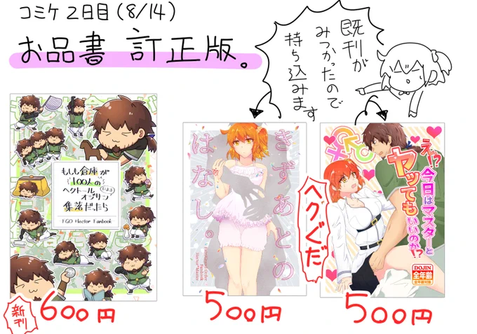 明日のコミケに頒布物が追加されました!
新刊100人ヘクトール本一冊!
既刊ヘクぐだ本二冊!(三年前)
ツリーにコミケ情報まとめのモーメント貼ります! 