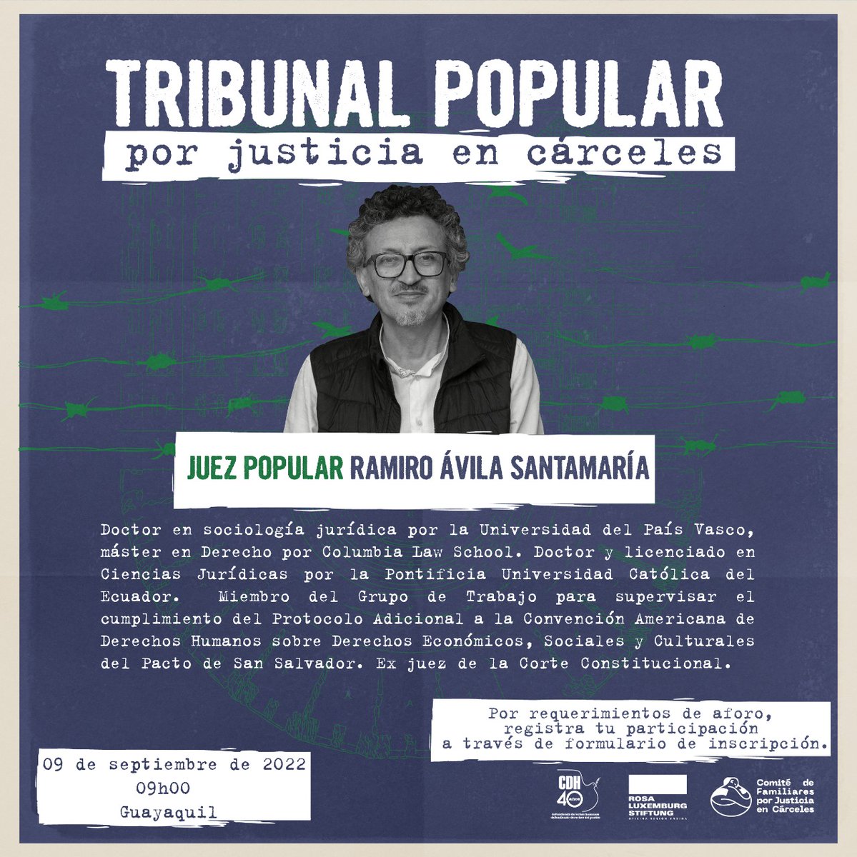 📢 Reanudación Tribunal Popular por Justicia en Cárceles

Acompáñanos a juzgar la responsabilidad del Estado en las masacres del año de 2021 y 2022 en los centros penitenciarios del Ecuador. 

Juez popular: <a href="/ravila67/">Ramiro Avila Santamaría</a>