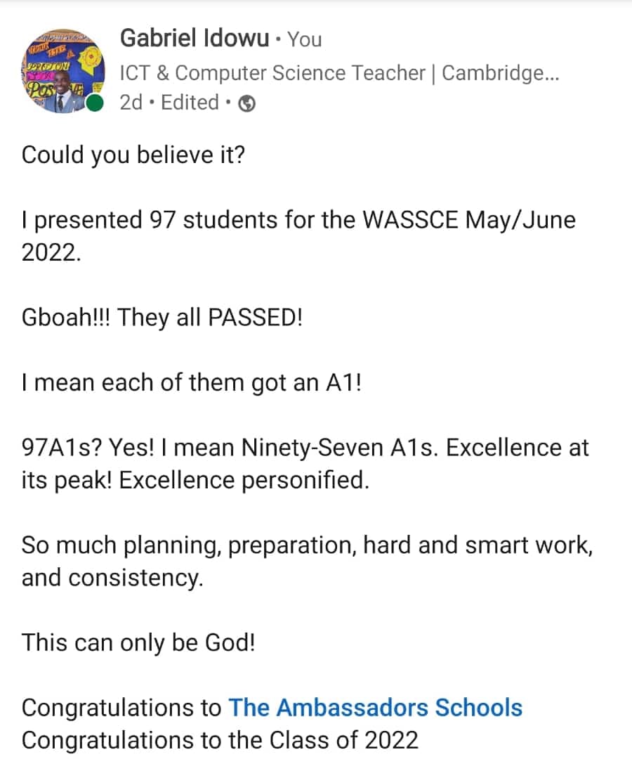 idgabtech's tweet photo. For this phenomenal achievement, congratulations to @AmbassadorsOta
#class2022 #WAEC #WASSCE #Computerstudies #computerscience #Computer #ICT #education #students #studentsuccess #excellence #academicexcellence #schools #planning #igcse #cie https://t.co/rxkzztd8Jc