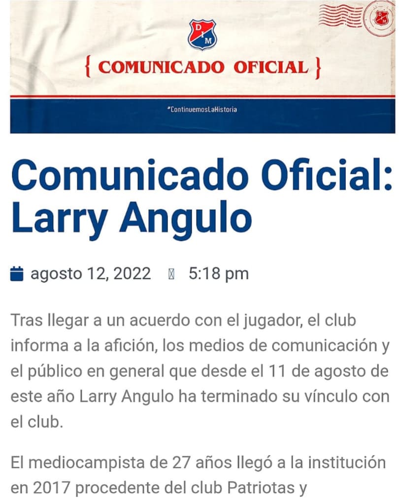 elcamerino_9's tweet photo. Comunicado de #IndependienteMedellin sobre la finalizaciòn del vinculo de #LarryAngulo con el club. Aquì toda la informaciòn cortesìa @DIM_Oficial https://t.co/1MhiEQEfQJ