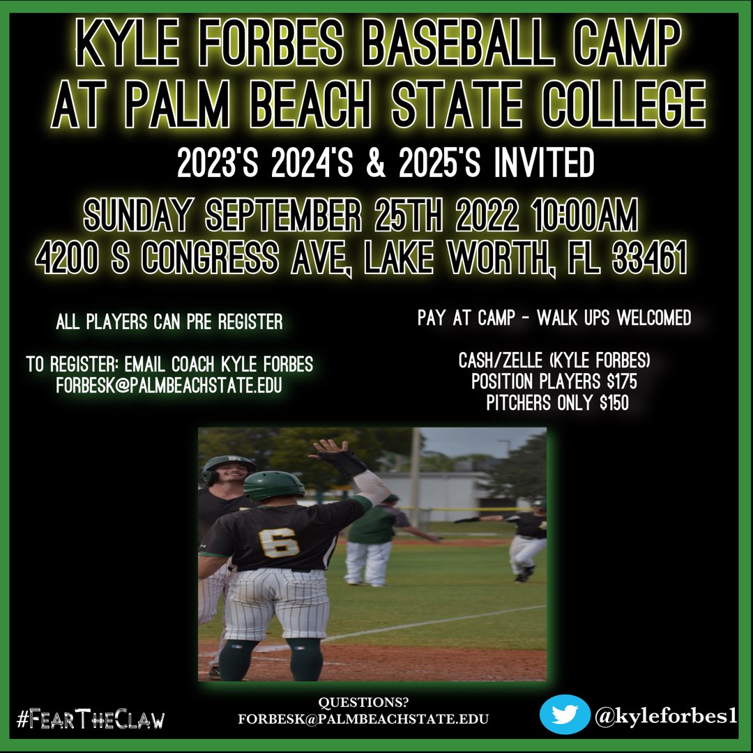 Palm Beach State College will be hosting a prospect camp Sunday September 25th. Any players interested in continuing their academic &amp; baseball career at PBSC should attend! #jucobaseball #NJCAABaseball @kyleforbes1