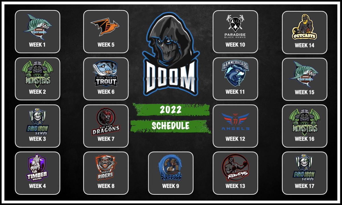 Okay people, who’s excited for the #FantasyFootball season?

We definitely are!

Here’s our 2022 <a href="/TheUFAFL/">Ultimate Fantasy American Football League</a> schedule…

#Doomed <a href="/uffscudosnode/">UFFS CUDOS NODE</a>