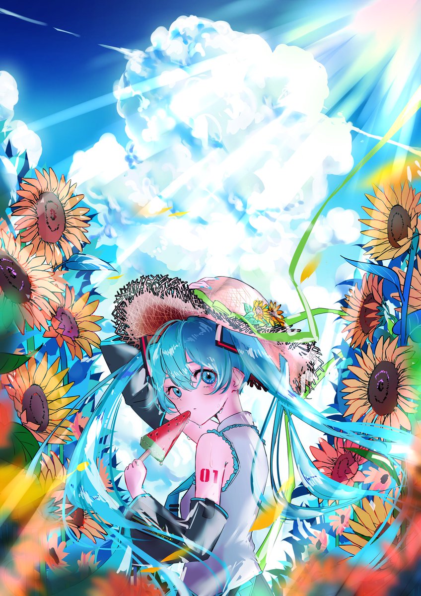hatsune miku 1girl sunflower hat flower solo twintails long hair  illustration images