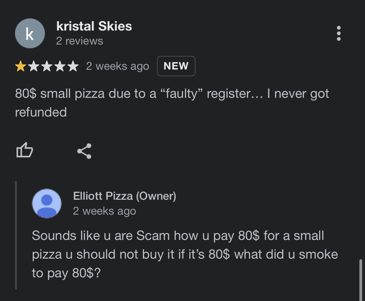 Chayseeeee's tweet photo. losing my mind at this review while looking for pizza https://t.co/02G1XGloQ2