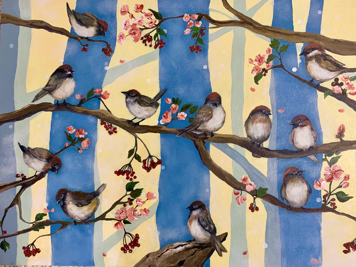 Happy to share “morning meetings” with sparrows and 🌸 cherry blossoms...tried my hand at some acrylic paints....happy weekend everyone! #paintings #sparrow