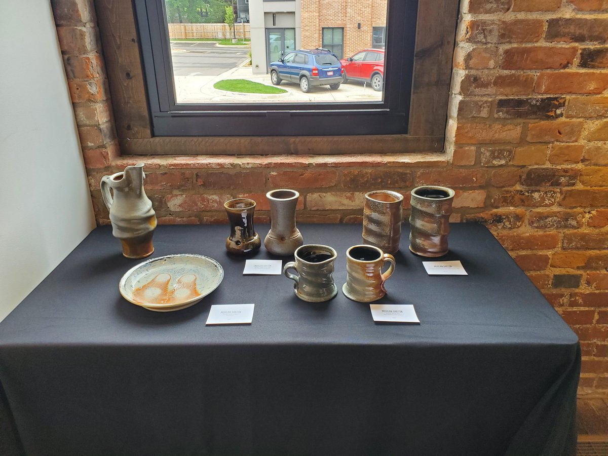 MilesSteeleKC's tweet photo. Excited I got to work on these art installations for the Cider Gallery's L&amp;SCAPE show in Lawrence.

The painting is "the whole story" by Madison Tubbs.
The stoneware and porcelain pieces are by Morgan Barton. https://t.co/4KoPECG2WX