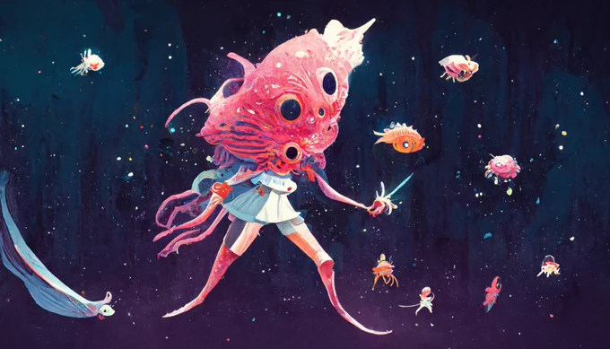 宇宙深海魚と戦うコズミック魔法少女って指定してるのになぜかどこで区切っても合体させてくる #midjourney くん 