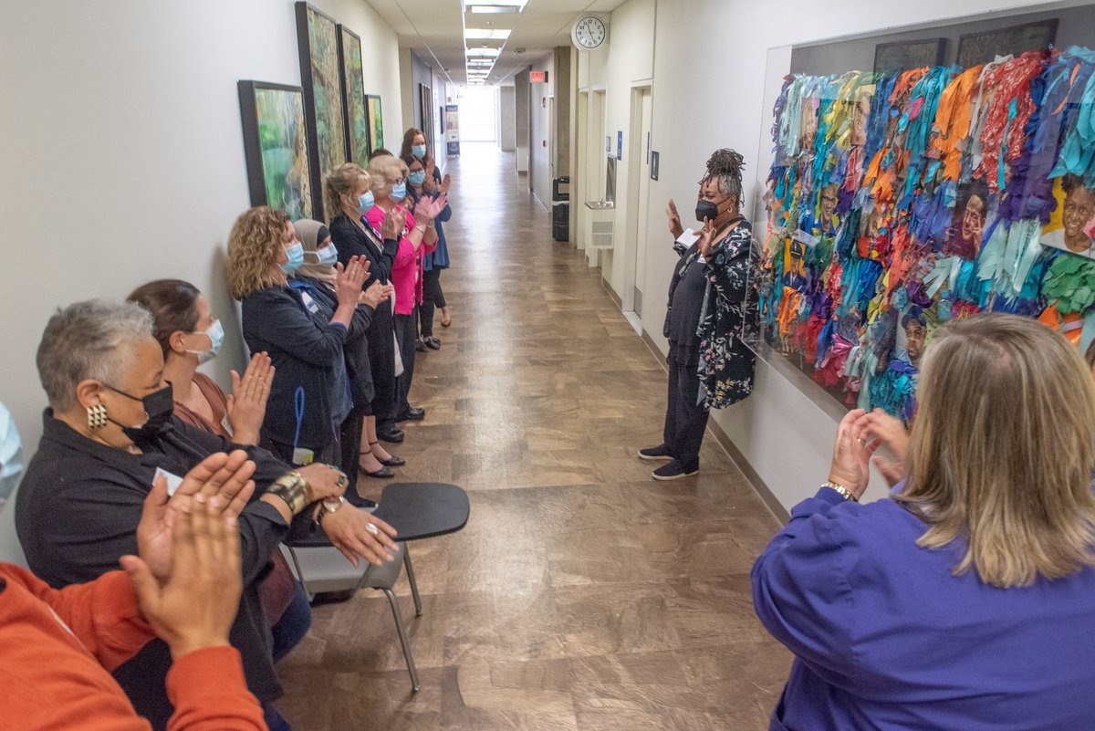 HenryFordHealth's tweet photo. Through the creation of "Healing Wall" by Carole Morriseau, we now have a visible way to honor our hard-fought journey since the onset of #COVID19. The piece serves as a lasting reminder of the courage, hope &amp; resiliency shown by our team members.🎨 https://t.co/uVmrvsOtNE