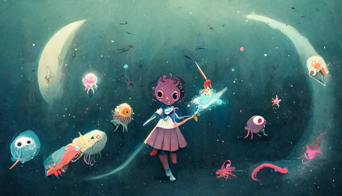 宇宙深海魚と戦うコズミック魔法少女って指定してるのになぜかどこで区切っても合体させてくる #midjourney くん 