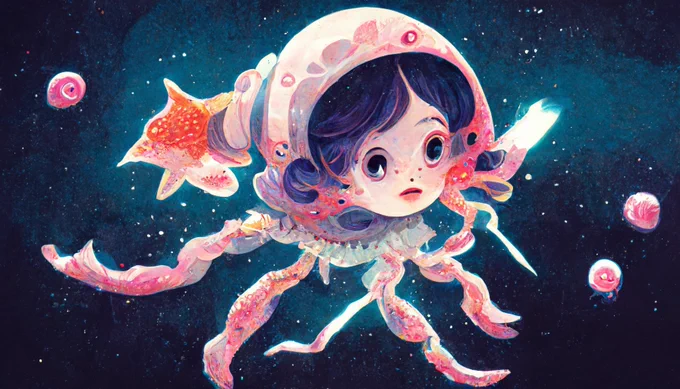 宇宙深海魚と戦うコズミック魔法少女って指定してるのになぜかどこで区切っても合体させてくる #midjourney くん 
