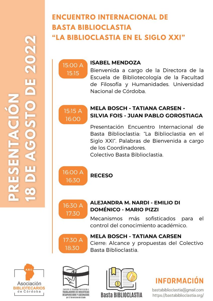 BBiblioclastia's tweet photo. Programa Encuentro Internacional de Basta Biblioclastia. “La biblioclastia en el siglo XXI”
Lugar: Auditorio Hugo Chávez del Pabellón República de Venezuela de la Facultad de Filosofía y Humanidades UNC ubicado en Ciudad Universitaria. #EIBB #biblioclastia https://t.co/C9PSoUWpul
