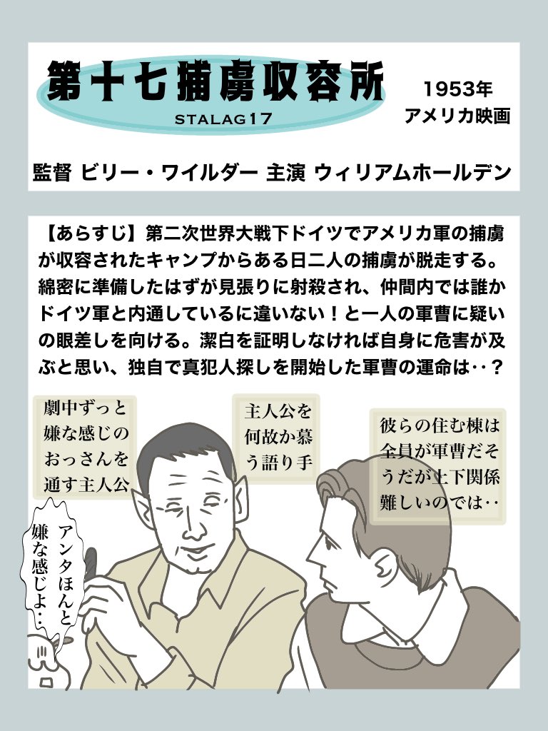 Amazon primeでクラシック映画を観まよう!
その2「第十七捕虜収容所」
ビリーワイルダー大好きっ子も、男臭い閉鎖空間のあれこれがたまらない人も、ぜひ観てもらいたい。敵のスパイは誰だ?という謎解きを軸に、軍曹たちのユーモラスな日常が楽しめますぞえ
#AmazonPrimeVideo #classicmovies 
