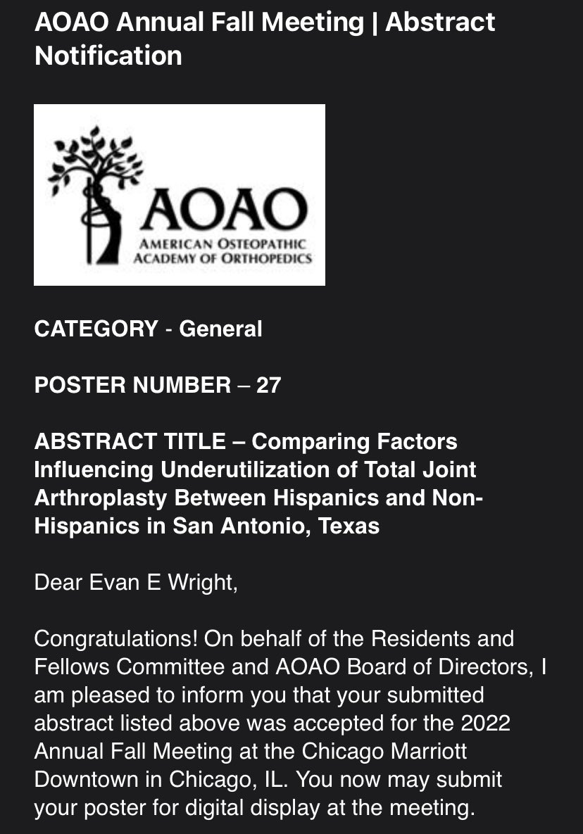 evanedwright's tweet photo. Big shoutout to @Margaret_E_J and @poindexter_rjf ! Excited to present at the AOAO conference in Chicago this November! #OrthoMatch #PMRMatch https://t.co/HlAcqL1NSU
