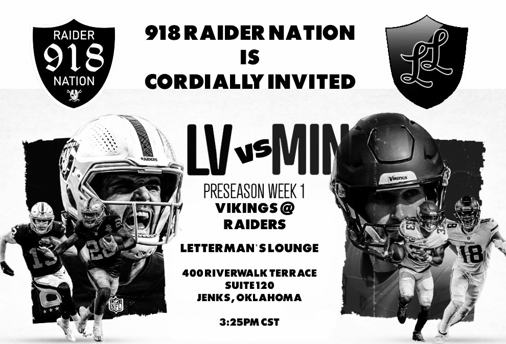 918RaiderNation's tweet photo. YOU'RE INVITED! Letterman's Lounge has invited us to watch the game!!! 🏴‍☠️☠️🏈
Come join us Sunday for the first home preseason game! Fun, food and football! Game starts at 3:25pm. We will be meeting at Letterman's Lounge. 400 Riverwalk Terrace suite # 120, Jenks, OK #Tulsa https://t.co/PSJyBVzAgr