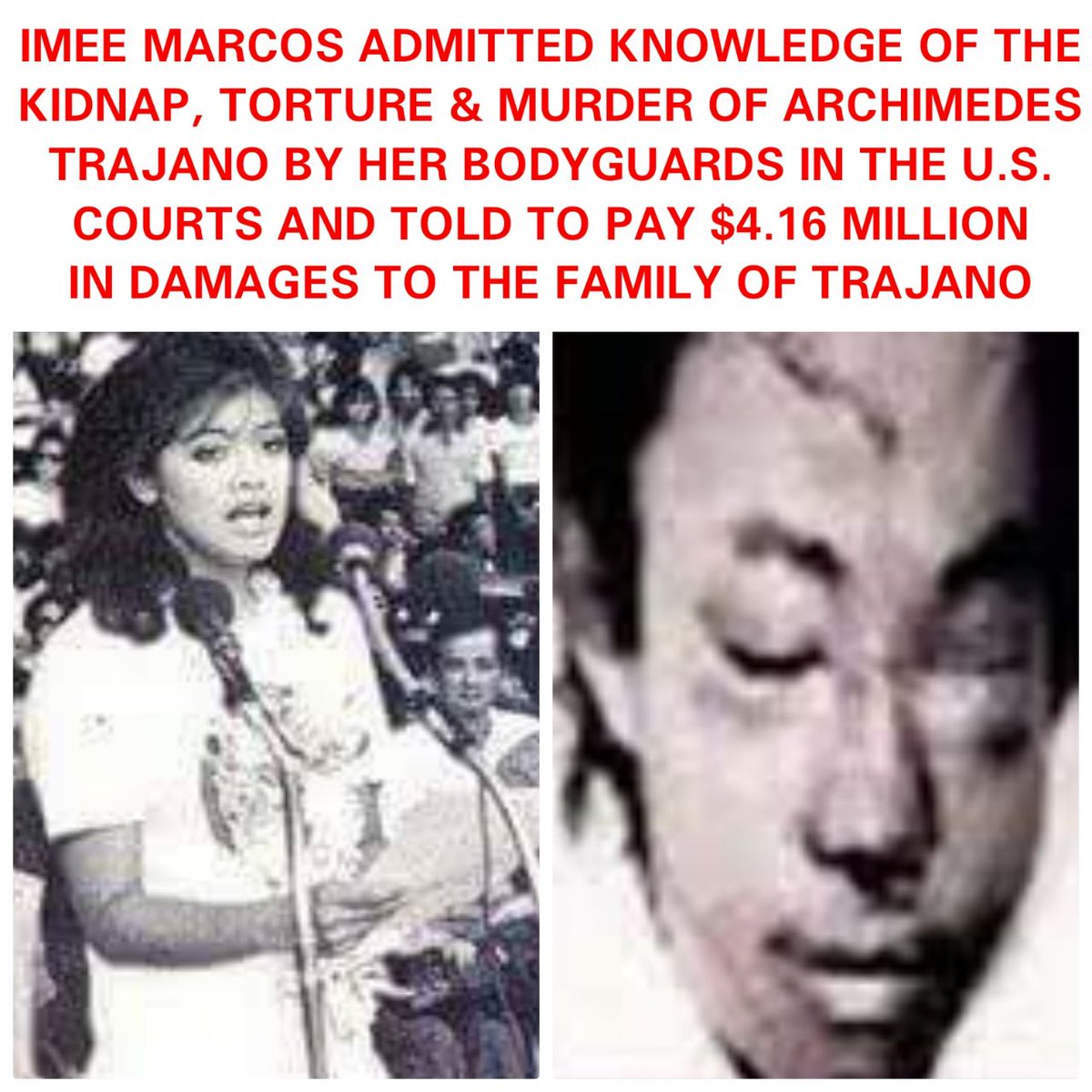 SaltAndReality's tweet photo. In 1986 Imee Marcos was sued by Archimedes Trajano's mother for the kidnap, torture &amp; murder of her son by Imee's bodyguards in Hawaii. IMEE ADMITTED KNOWLEDGE but argued immunity under the For. Sov. Immunities Act. The court disregarded her argument &amp; awarded Trajano $ 4.16 Mil. https://t.co/yNBaUdnni7