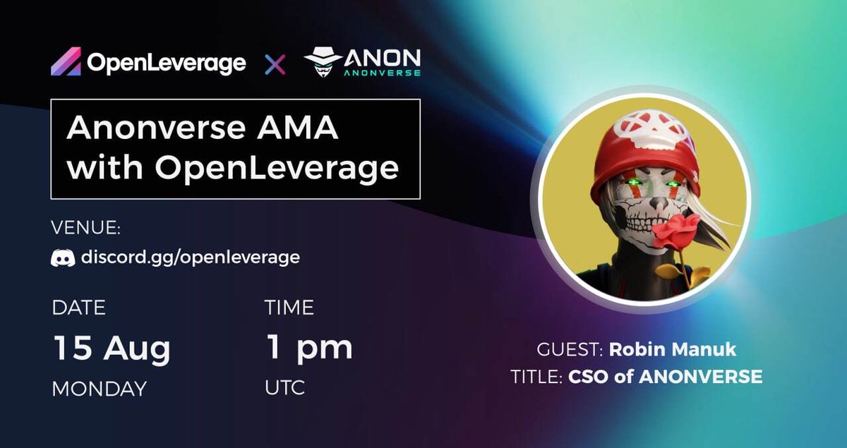 OpenLeverage (@openleverage) on Twitter photo #OpenLeverage is welcoming Robin Manuk, CSO of <a href="/Anon_Metaverse/">Anonverse | We're Hiring!</a> for an AMA 🙌🥳
⏰ Monday, August 15 @ 1 PM (UTC)
🏠 discord.gg/openleverage
🎁 10 NFT mystery boxes
Follow <a href="/OpenLeverage/">OpenLeverage</a> and <a href="/Anon_Metaverse/">Anonverse | We're Hiring!</a>
Like ❤️, Tag 3️⃣, RT 🔄 #OpenLeverage is welcoming Robin Manuk, CSO of <a href="/Anon_Metaverse/">Anonverse | We're Hiring!</a> for an AMA 🙌🥳
⏰ Monday, August 15 @ 1 PM (UTC)
🏠 discord.gg/openleverage
🎁 10 NFT mystery boxes
Follow <a href="/OpenLeverage/">OpenLeverage</a> and <a href="/Anon_Metaverse/">Anonverse | We're Hiring!</a>
Like ❤️, Tag 3️⃣, RT 🔄