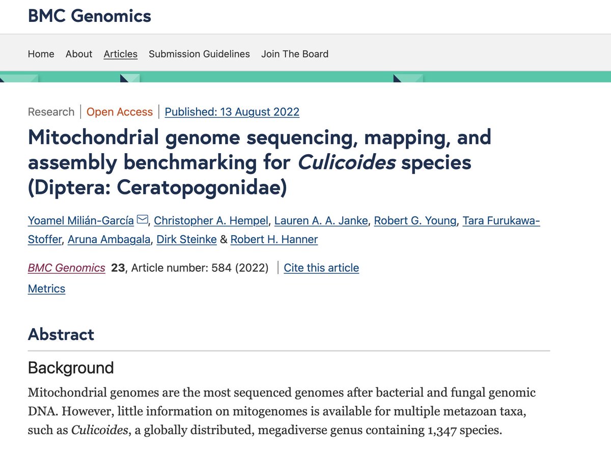 New paper out generating novel mitogenomic information from single Culicoides specimens, comparing available mitogenome mapping and de novo assembly tools, and identifying the best performing strategy and tools for Culicoides species.

rdcu.be/cTzYD