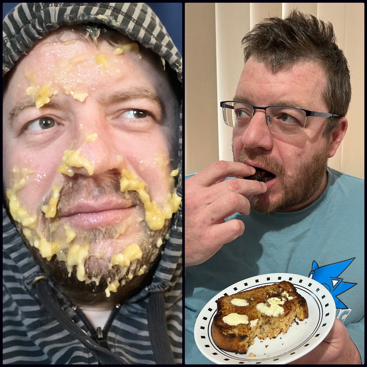 ofmgish's tweet photo. #Item174- A photo of your parent’s or guardian’s face covered with mashed ripe bananas and in the second, second the same face, cleaned up and eating the banana bread. #TeamOurFlagMeansGISH #GISH https://t.co/ZrtiZEyL6K
