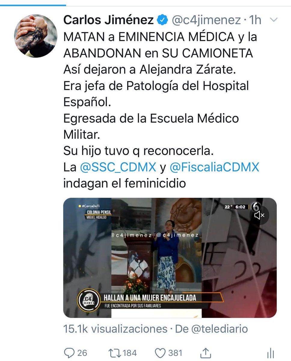 c4jimenez's tweet photo. DOCTORA ALEJANDRA ZÁRATE
Era jefa de Patología en el Hospital Español.
Egresada del Colegio Médico Militar, propietaria de un laboratorio, madre…
Hoy fue hallada sin vida.
La mataron y dejaron en esta camioneta en @AlcaldiaMHmx
@SSC_CDMX y @FiscaliaCDMX indagan el feminicidio https://t.co/d5z7OezqFy