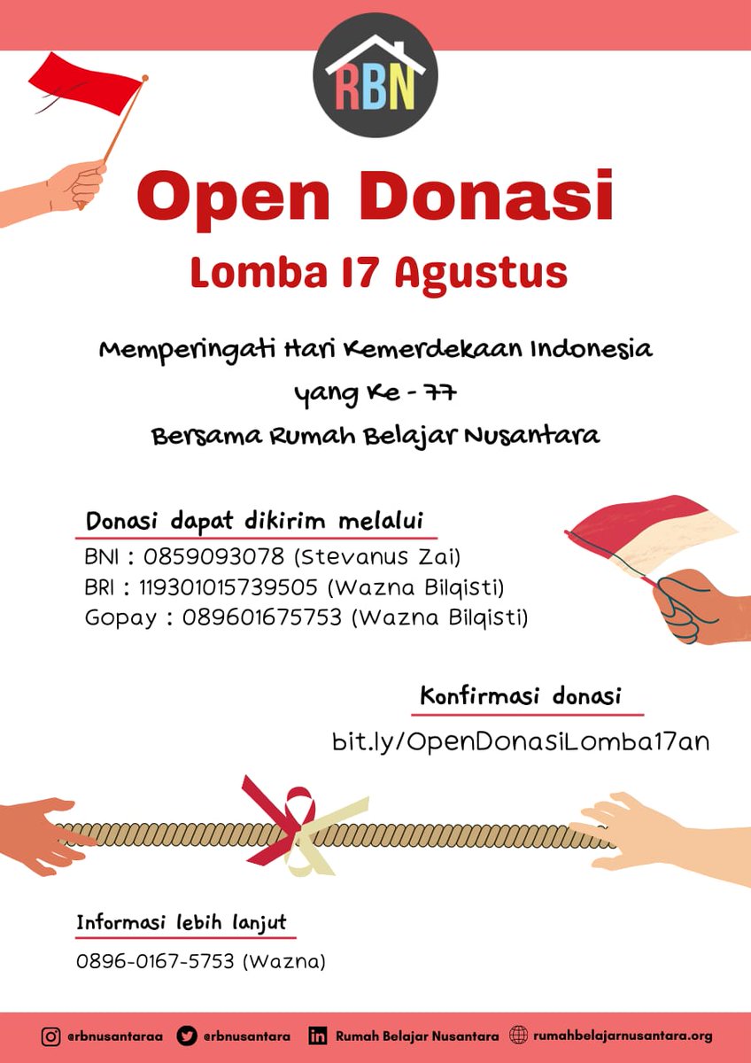 RBNusantara's tweet photo. Untuk kakak-kakak yang ingin mendukung kegiatan tersebut, kami open donasi juga nih

Dan untuk Konfirmasi Donasi, bisa klik link dibawah 
 https://t.co/y19atTYnA5 https://t.co/OxHtXdZDyS