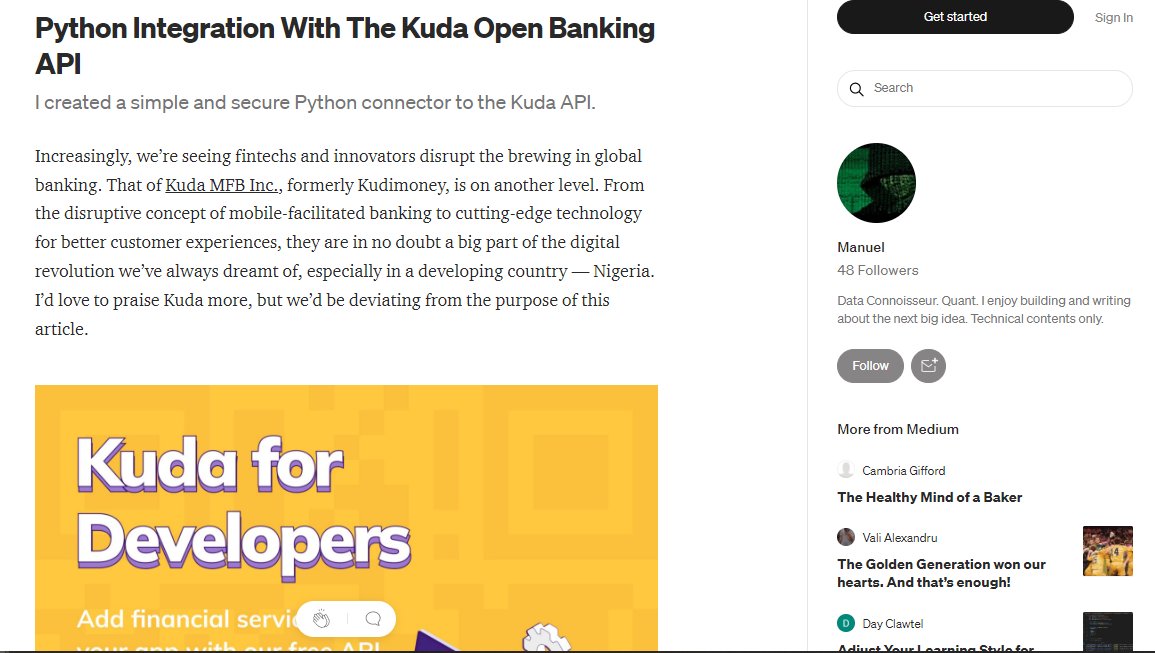 manuelinfosec's tweet photo. I published a comprehensive article for the developers out there looking to integrate with the #KudaOpenAPI using the #Python stack. #100DaysOfCode #coding
At the same time creating a public awareness of the #KudaAPI. @kudabank @kudabusiness #banking
https://t.co/ftoh4tHI8v https://t.co/9tpxhwiMXs