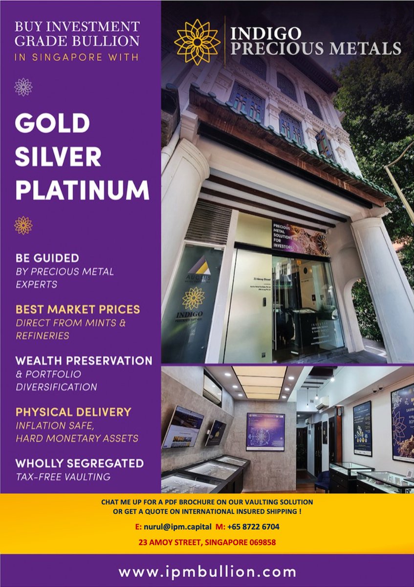 ain4life's tweet photo. Looking for bullion investment & vaulting solutions? Enjoy FREE Tax benefits and on Capital Gains, 100% fully insured. Special storage rates for our clients! Send a DM.
#indigopreciousmetals #ipmgroup #ipmbullion #gold #silver #platinum #bullioninvestment #LeFreeport #Singapore https://t.co/XGRy1U0EtZ