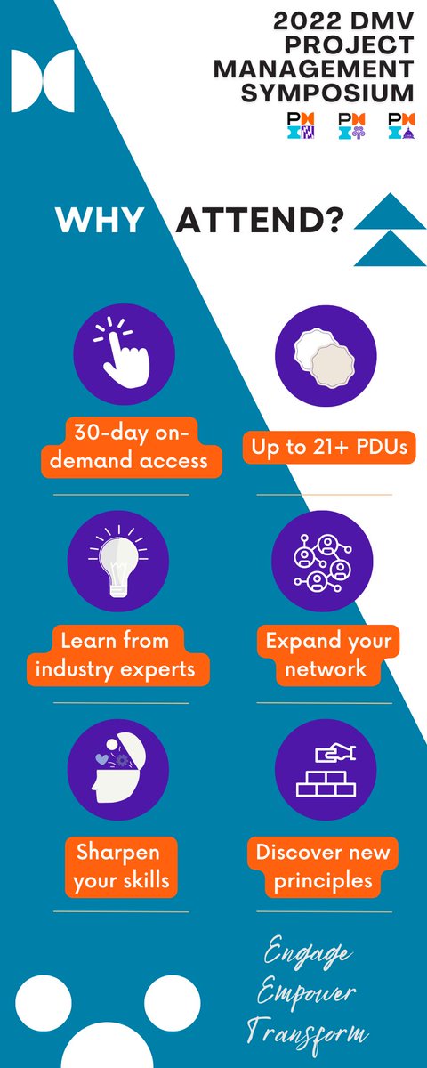 PMIWDC's tweet photo. Looking for a reason to attend the 2022 DMV Project Management #Symposium? Here are six!
Get your tickets for the virtual only or full event format and gain new knowledge on how to navigate our new reality. Register here: https://t.co/S7qcD5r2F8
#PMIWDC #PMISSC #PMISoMD https://t.co/XDNa5nt7DP