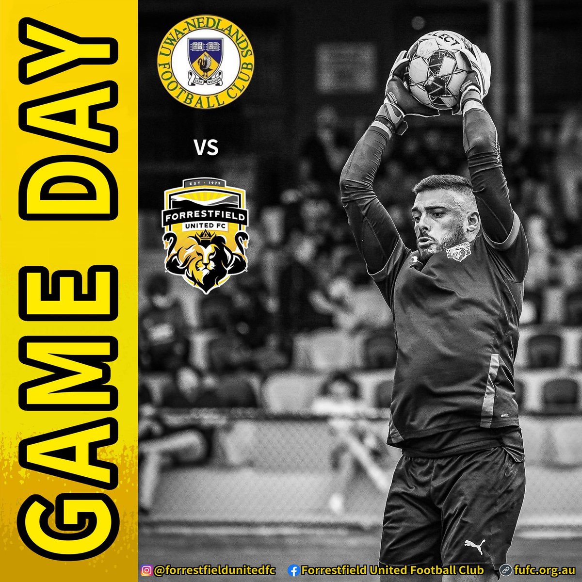 ForrestfieldC's tweet photo. GAME DAY 🚨 

The boys are on the road again this evening facing of UWA! 

18s: 1:00pm!
Reserves: 3:00pm!
First: 5:00pm! 

🟡⚫️🟡⚫️ #oneforrie 🟡⚫️🟡⚫️ https://t.co/NdKju0vccR
