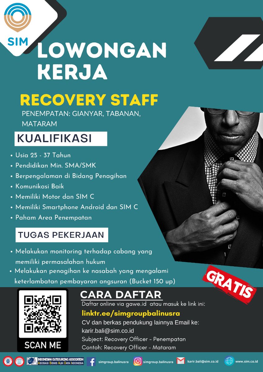 SimgroupB's tweet photo. Dibutuhkan Segera.
Recovery Officer penempatan Gianyar, Tabanan, Mataram

Lamar posisi dengan cara scan Code atau masuk di link berikut: https://t.co/nZ1T0rCHPG

CV dan berkas lain dapat di email ke karir.bali@sim.co.id

#lokersimgroup  #lokergianyar #lokertabanab #lokermataram https://t.co/PNR3OHNvIE