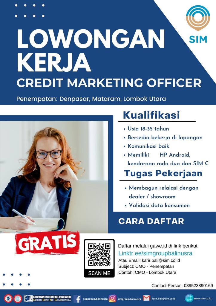 SimgroupB's tweet photo. Dibutuhkan Segera.
CMO penempatan Denpasar, Mataram, Lombok Utara

Lamar posisi dengan cara scan Code atau masuk di link berikut: https://t.co/nZ1T0rCHPG

CV dan berkas lain dapat di email ke karir.bali@sim.co.id

#lokersimgroup  #lokerdenpasar #lokermataram https://t.co/apRM2AQLgp