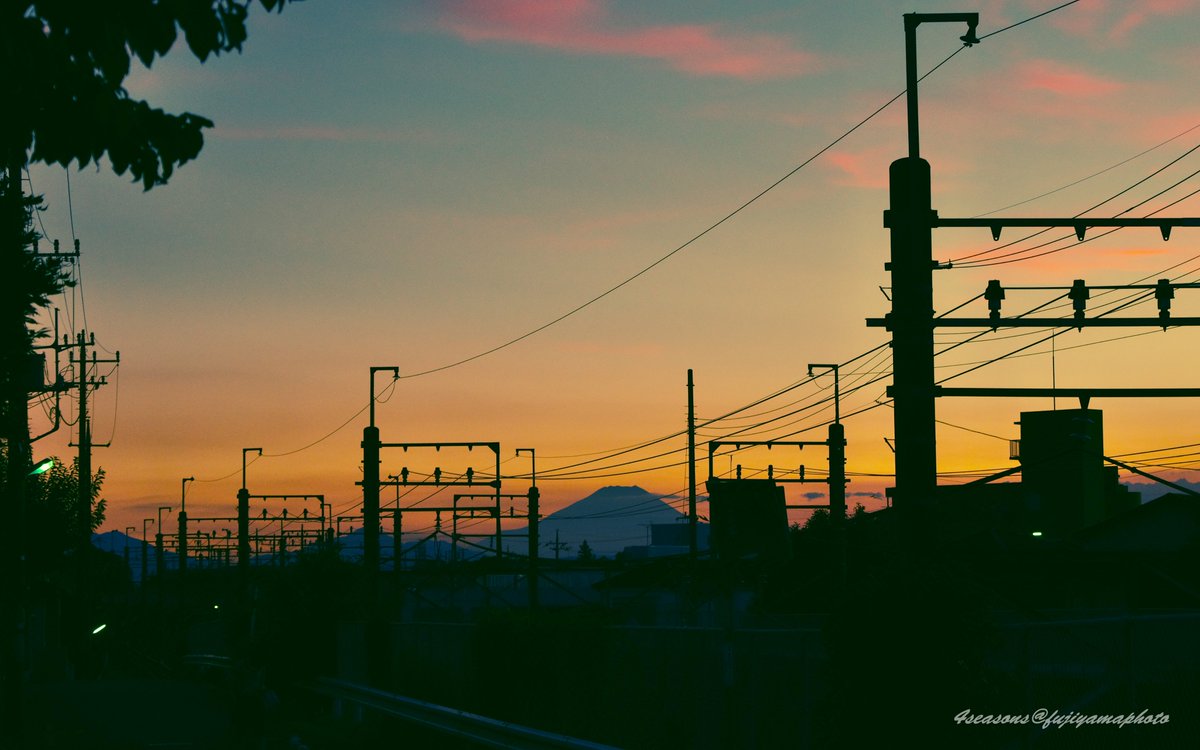 夕暮れの架線と夏富士