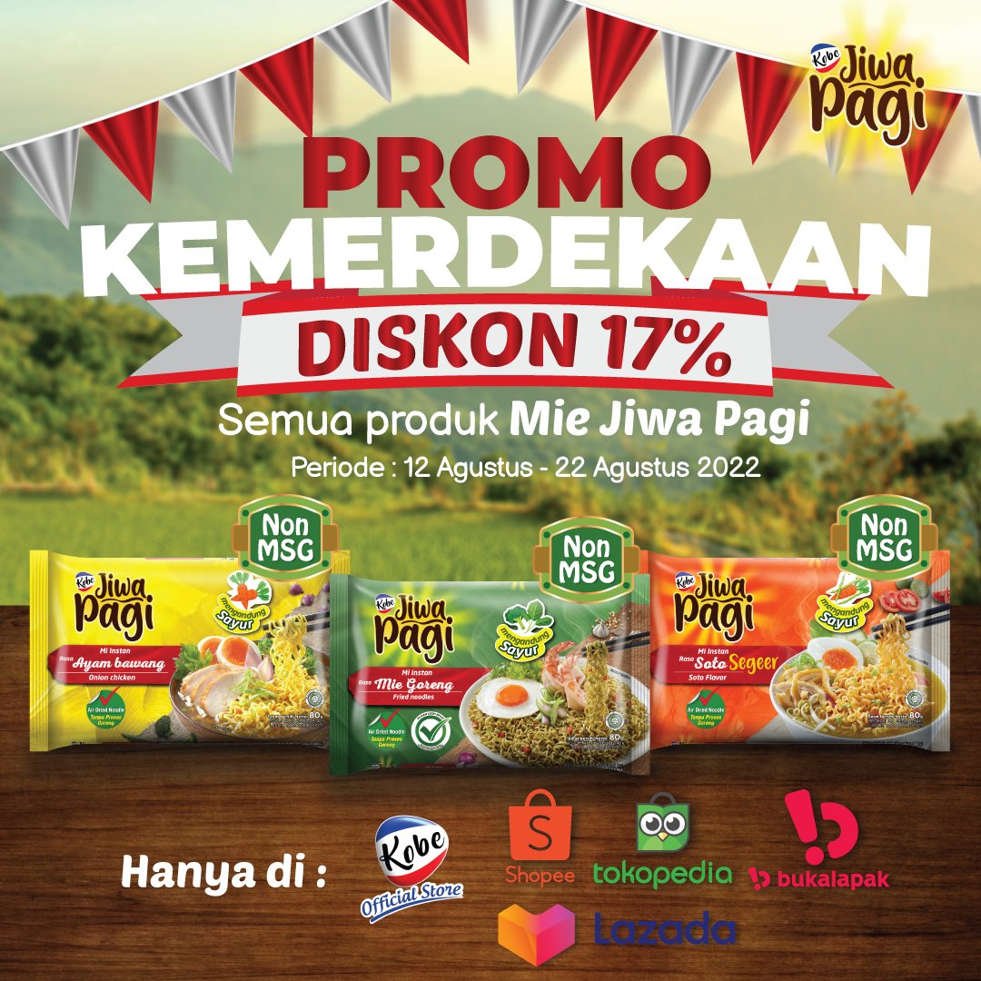 jiwapagi's tweet photo. PROMO ALERT!! ๐
Disc. 17% Mie Jiwa Pagi semua varian dalam rangka memeriangkan Dirgahayu Indonesia ke-77 ๐ฎ๐ฉ๐ฎ๐ฉ๐
Yuk borong, tunggu apalagi??
Apapun marketplace kesayanganmu, hanya di Kobe Official Store yaa~
#MieJiwaPagi #MulaiDariJiwaPagi #promo88 https://t.co/xYV5X99A2q