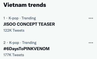 jisoovibe_chu's tweet photo. No.1 Vietnam Trending

JISOO CONCEPT TEASER
#6DaysToPINKVENOM 
🔗 https://t.co/lXOHGyl5aX https://t.co/d5qpYCAizN