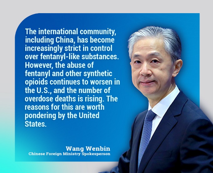 XHNews's tweet photo. Chinese Foreign Ministry Spokesperson Wang Wenbin said that the United States should fully bear the consequences of undermining bilateral relations and damaging China-U.S. counternarcotics cooperation. More:  https://t.co/k7CfFEC6ZZ https://t.co/gG0O8v3gCe