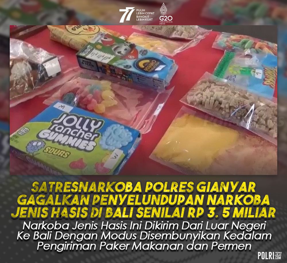 babarengancom's tweet photo. Satresnarkoba Polres Gianyar Gagalkan Penyeludupan Narkoba Jenis Hasis Di Bali Senilai RP 3,5 MILIAR

Narkoba jenis Hasis dari luar negeri ke bali dengan modus disembunyikan kedalam pengiriman paket makanan dan permen

#SigapTransparan
Wujud Cipta Kamtibmas https://t.co/1HpOElzaT2