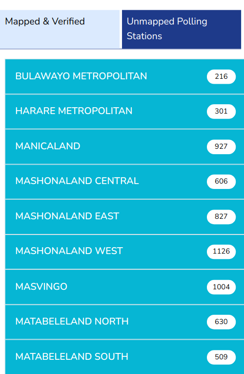 1. We have added an easier to read MAPPED and UNMAPPED list. Darker blue is mapped. As you can see Only 63 of 1126 polling stations in Mash West are mapped. We have to do something about that because that is where wild numbers came from. The list is here chamisa2023.org/polling-statio…