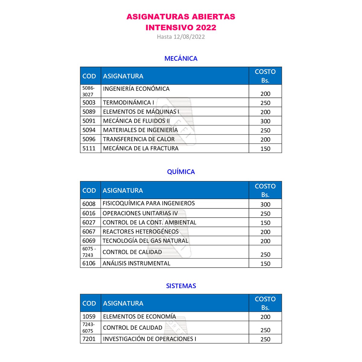 orefiula's tweet photo. Atención: asignaturas abiertas y autorizadas para realizar el pago. https://t.co/dIGYUQV1nv