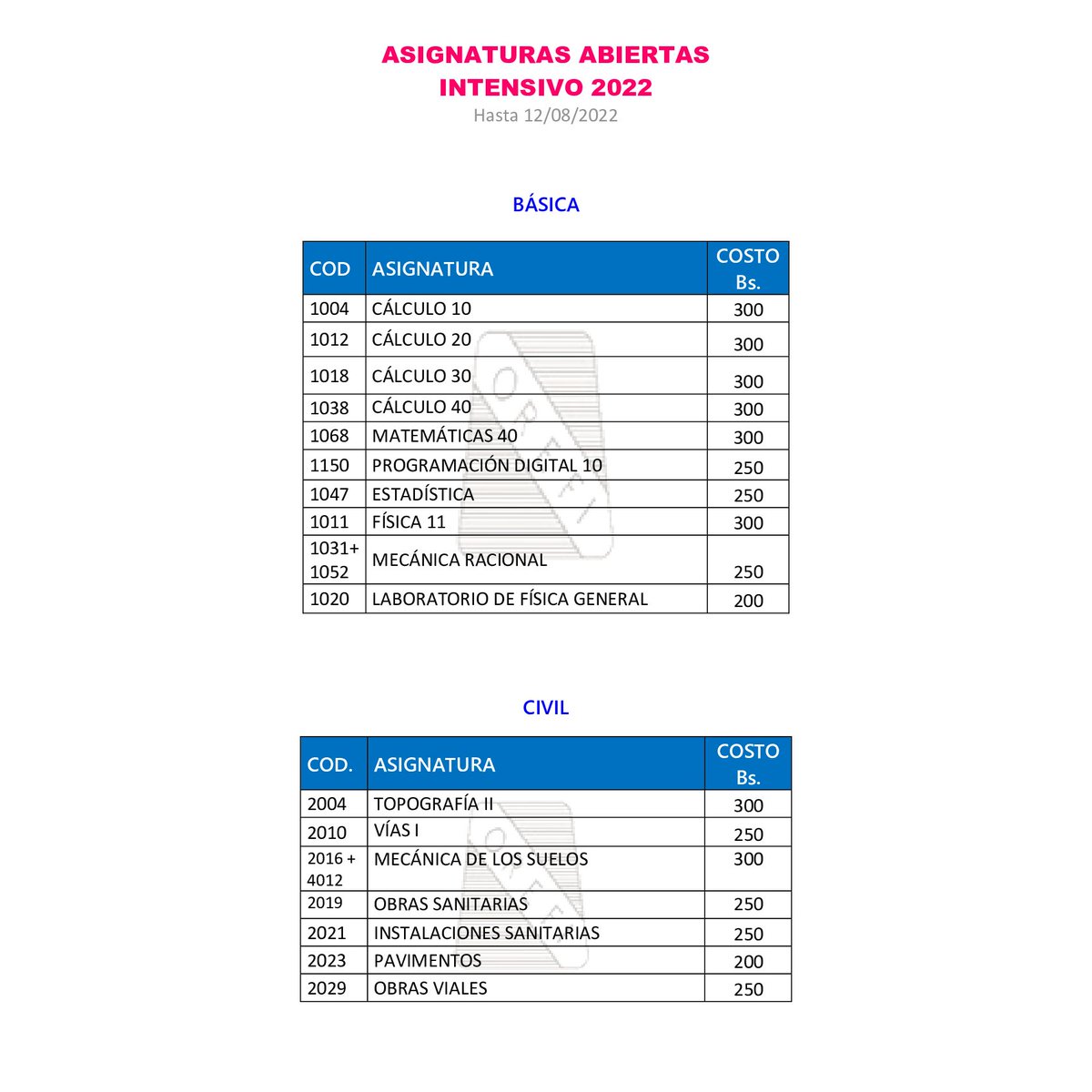 orefiula's tweet photo. Atención: asignaturas abiertas y autorizadas para realizar el pago. https://t.co/dIGYUQV1nv