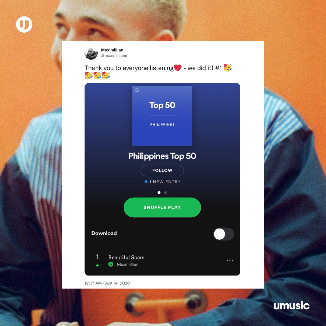 UMG_PH's tweet photo. 2 years since @maximillianirl's #BeautifulScars peaked at #1 in the Philippines! 🧡 I think we can do it again with #ImNotMe, yes? 😉
https://t.co/StCd6DA69t https://t.co/aZJODSJx7P