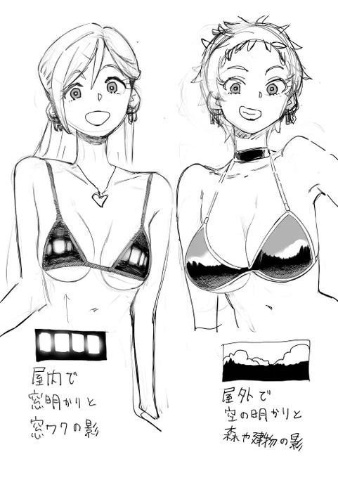 屋内と屋外でちょっと違うメタリック素材の水着の映り込み 