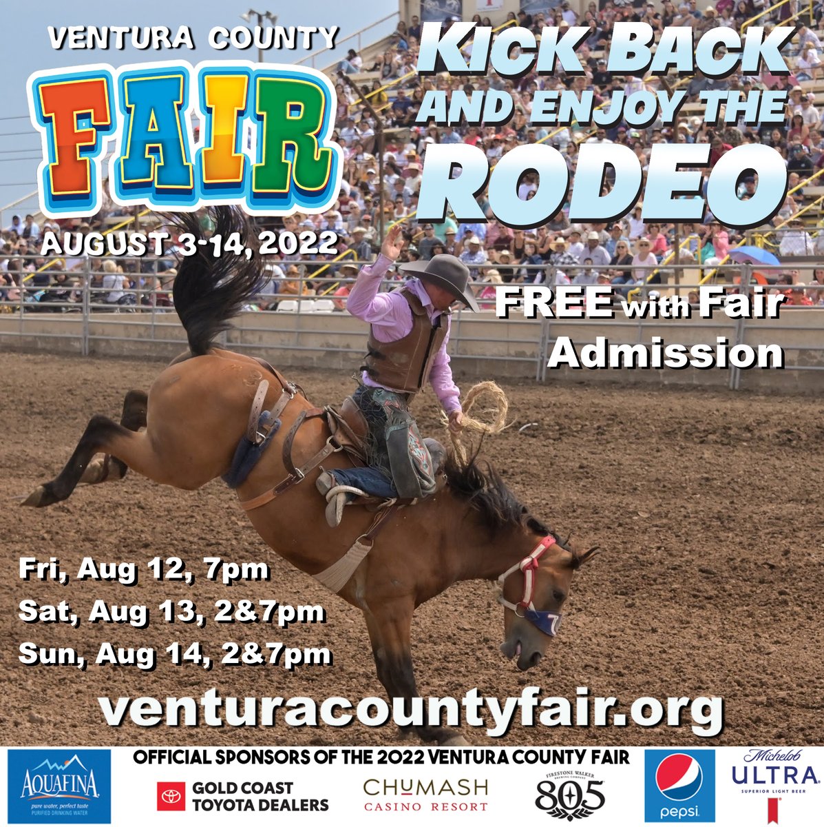 Yahoo! 
Rodeo Weekend is here so dust off yer Cowboy Hat n git yer boots shined 'cause we're gonna have a Rootin' Tootin' good time.
5 Rodeo shows for your enjoyment and convenience: Fri, 8/12 @ 7PM; Sat 8/13 &amp; Sun, 8/14 @ 2&amp;7 PM.

Fair info: venturacountyfair.org