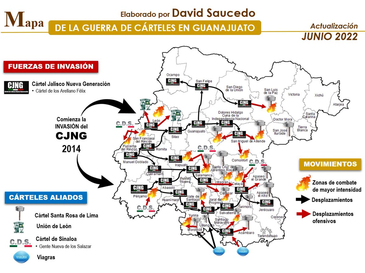 HuasoBB's tweet photo. This excellent graphic of the ongoing fights and territorial control by criminal groups in #Guanajuato  by @David_Saucedo_  is helpful for understanding events this week. https://t.co/3jOlO3sUsM