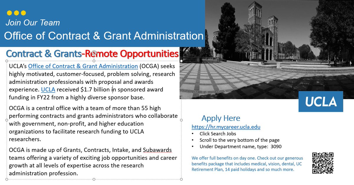 MichaelVYates's tweet photo. REMOTE OPPORTUNITIES at UCLA!

UCLA’s Office of Contract &amp; Grant Administration (OCGA) seeks highly motivated, customer-focused, problem-solving, research administration professionals with proposal and awards experience. Apply Online https://t.co/4cKQIgY2bN Search Department 3090 https://t.co/nqrGRcVEE0