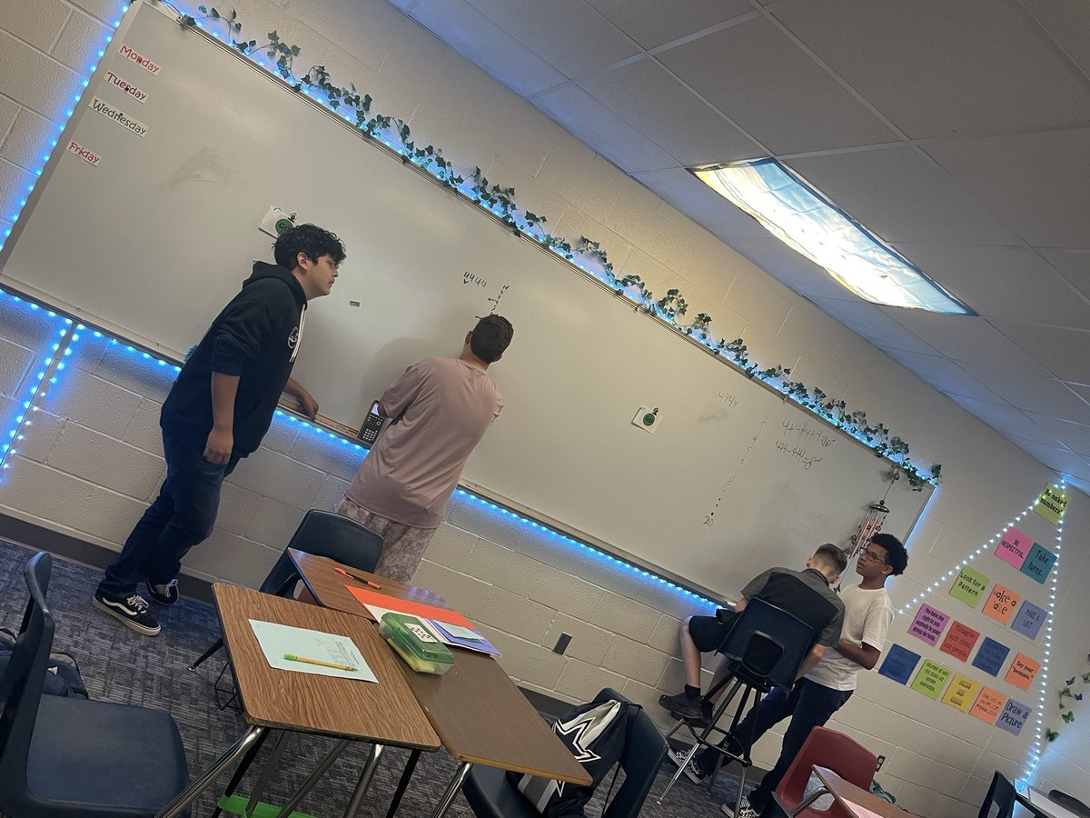 MsAlgebraDA's tweet photo. What a great end to the first 3 days of school!!! Palindromes and four 4’s!! Even my math strugglers are actively engaged in our #thinkingclassroom. Everyone has access!!! #iteachmath @KatinaRhodesCJH @HEBISDpeople @pgliljedahl #strongertogether #VNPS #WorldClassEngagement https://t.co/nekWZxHNis