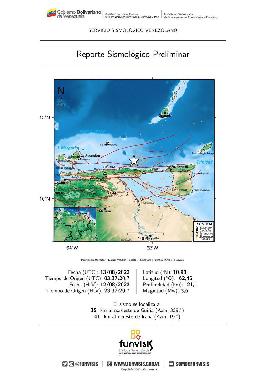 FUNVISIS's tweet photo. FUNVISIS
Sismo No Sentido
2022/ 8/12 23:37
Mag (Mw): 3.6
Prof: 21.1 km
Epicentro: 10.931 N 62.456 O
35 km al noroeste de Guiria https://t.co/bn8oan6sP3