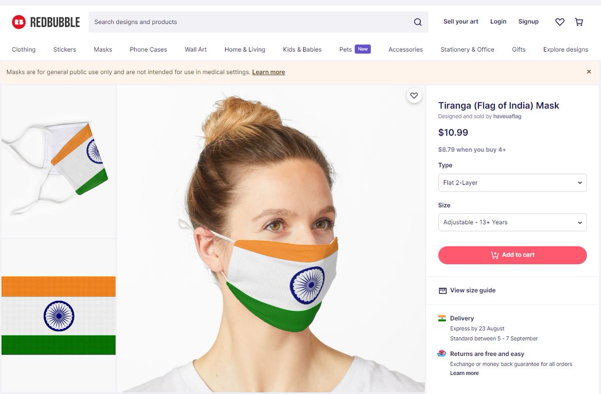 Dear <a href="/redbubble/">Redbubble</a> Indian flag code states that it cannot be used as drapery. The mask accumulates dust &amp; sweat. This is a gross insult of the National Flag. 

Immediately delist this item &amp; any other such items featuring the tricolor. 

redbubble.com/i/mask/Tiranga…

#RespectNationalFlag